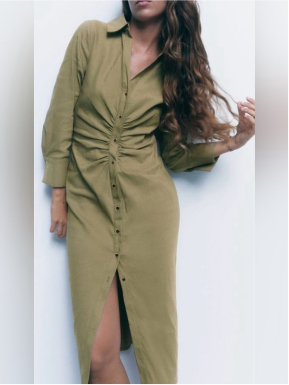 Zara Khaki Ruched Shirt Midi Dress Size M - Picture 2 of 8